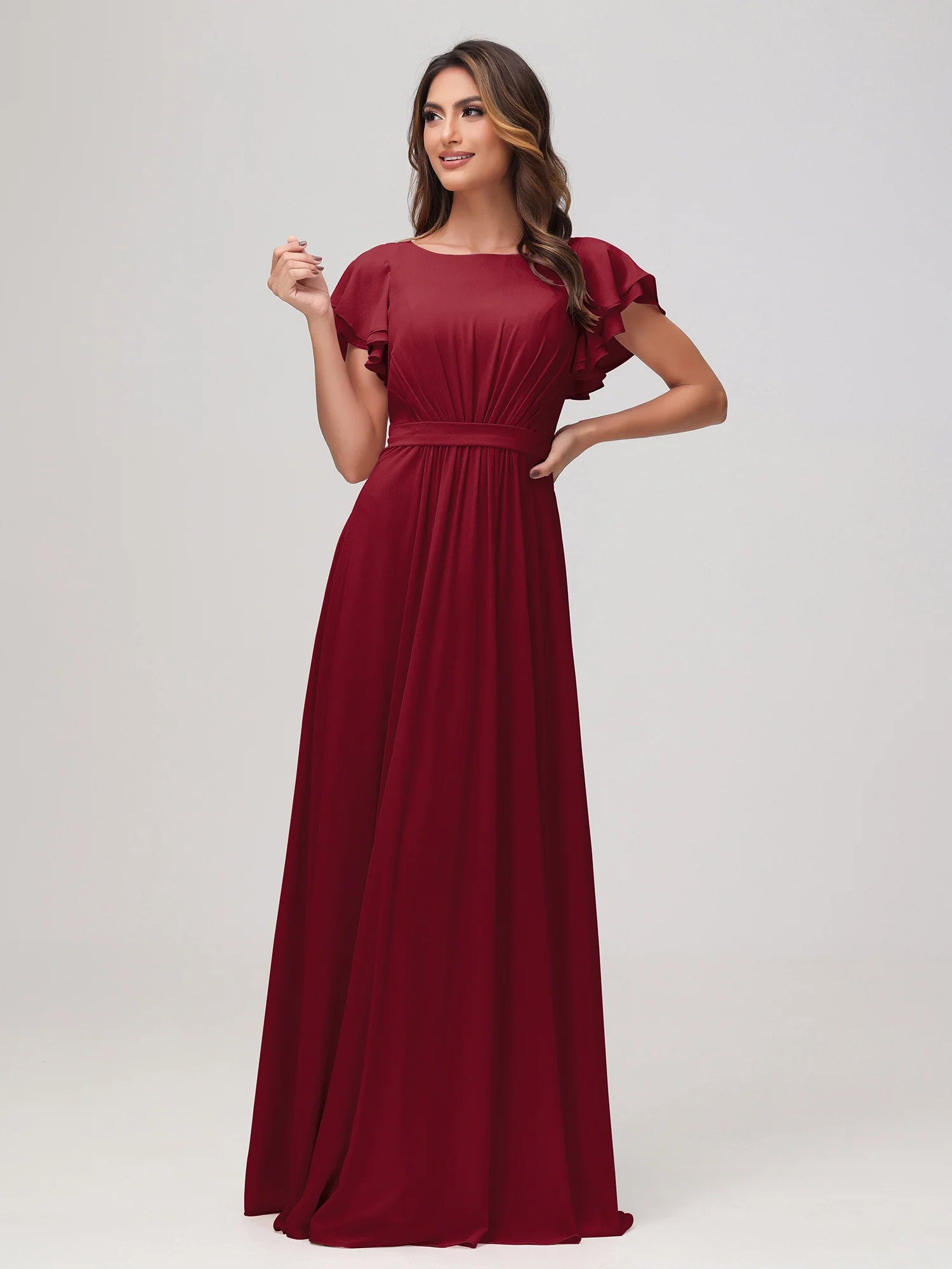 Bateau Neck Flutter Sleeve Chiffon A-Line Bridesmaid Maxi Dress