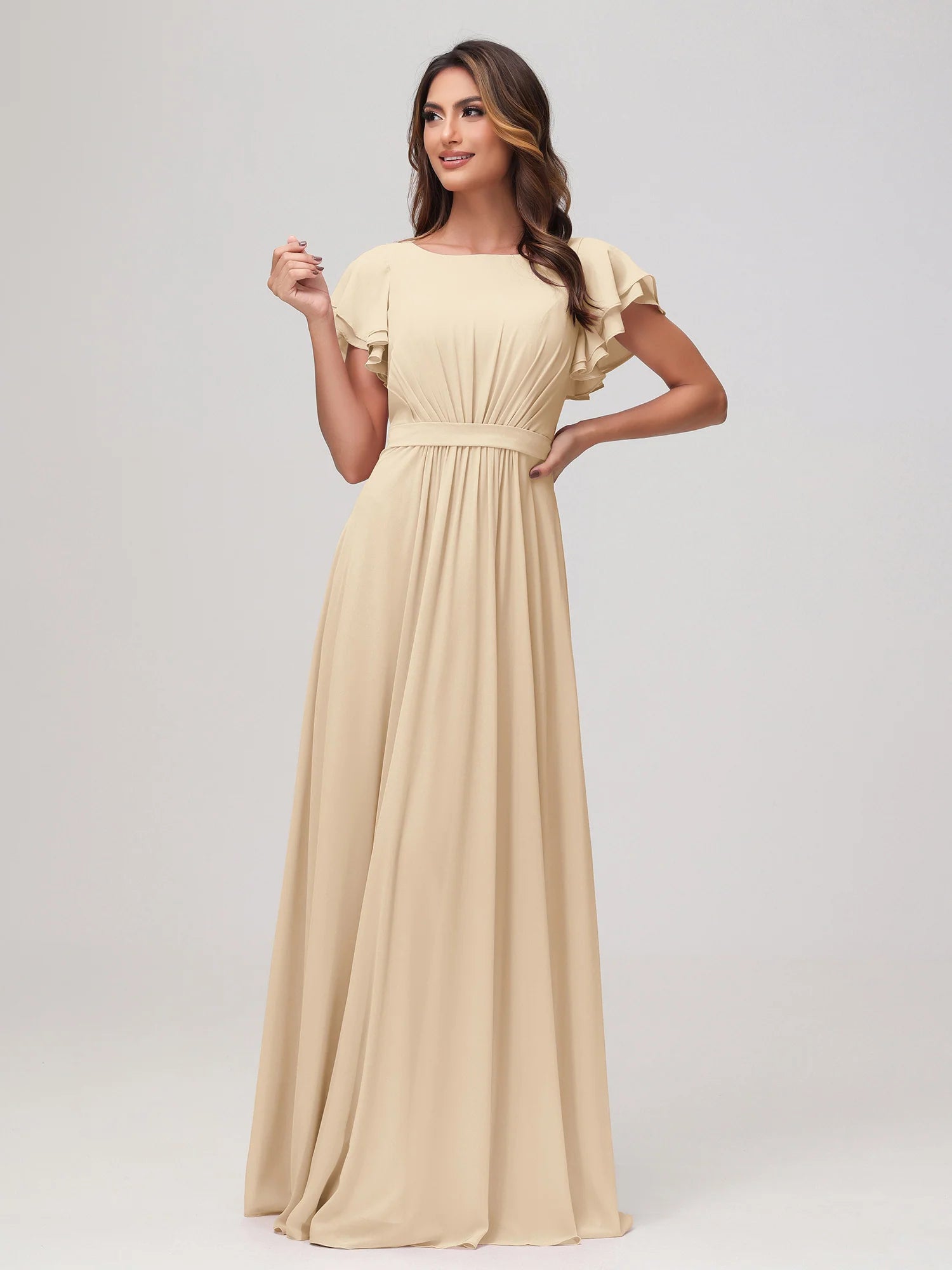 Bateau Neck Flutter Sleeve Chiffon A-Line Bridesmaid Maxi Dress