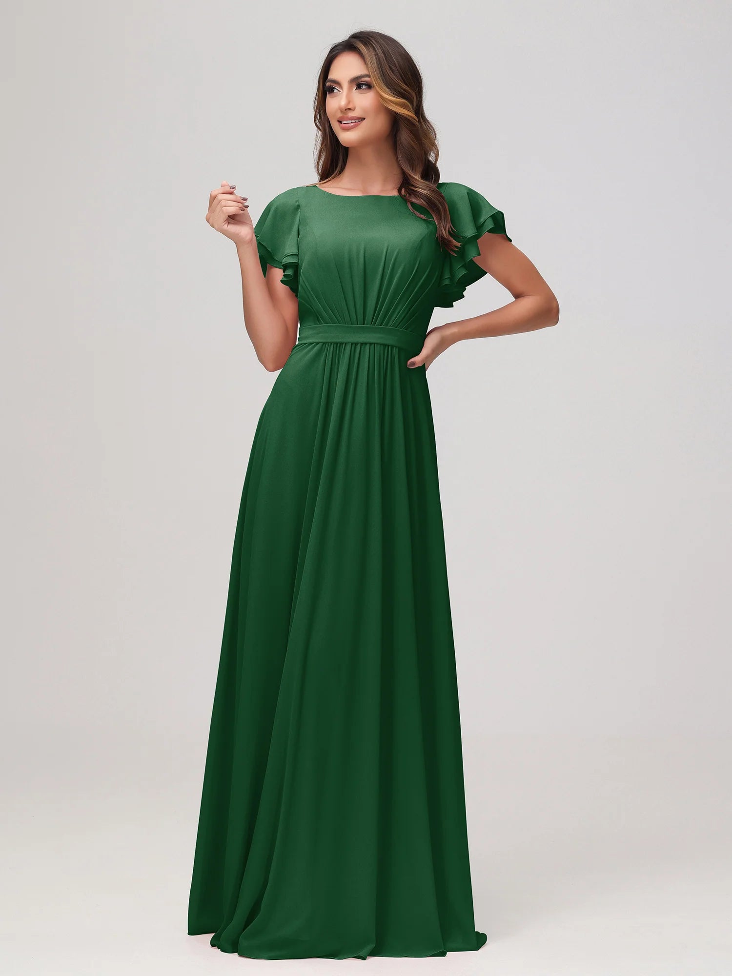 Bateau Neck Flutter Sleeve Chiffon A-Line Bridesmaid Maxi Dress