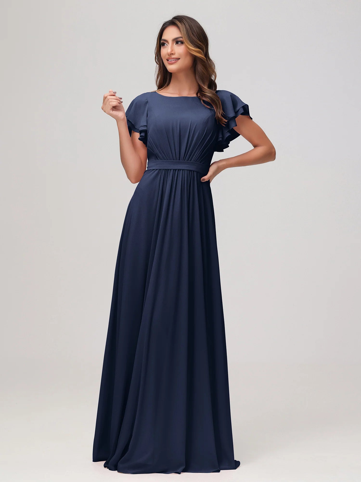 Bateau Neck Flutter Sleeve Chiffon A-Line Bridesmaid Maxi Dress