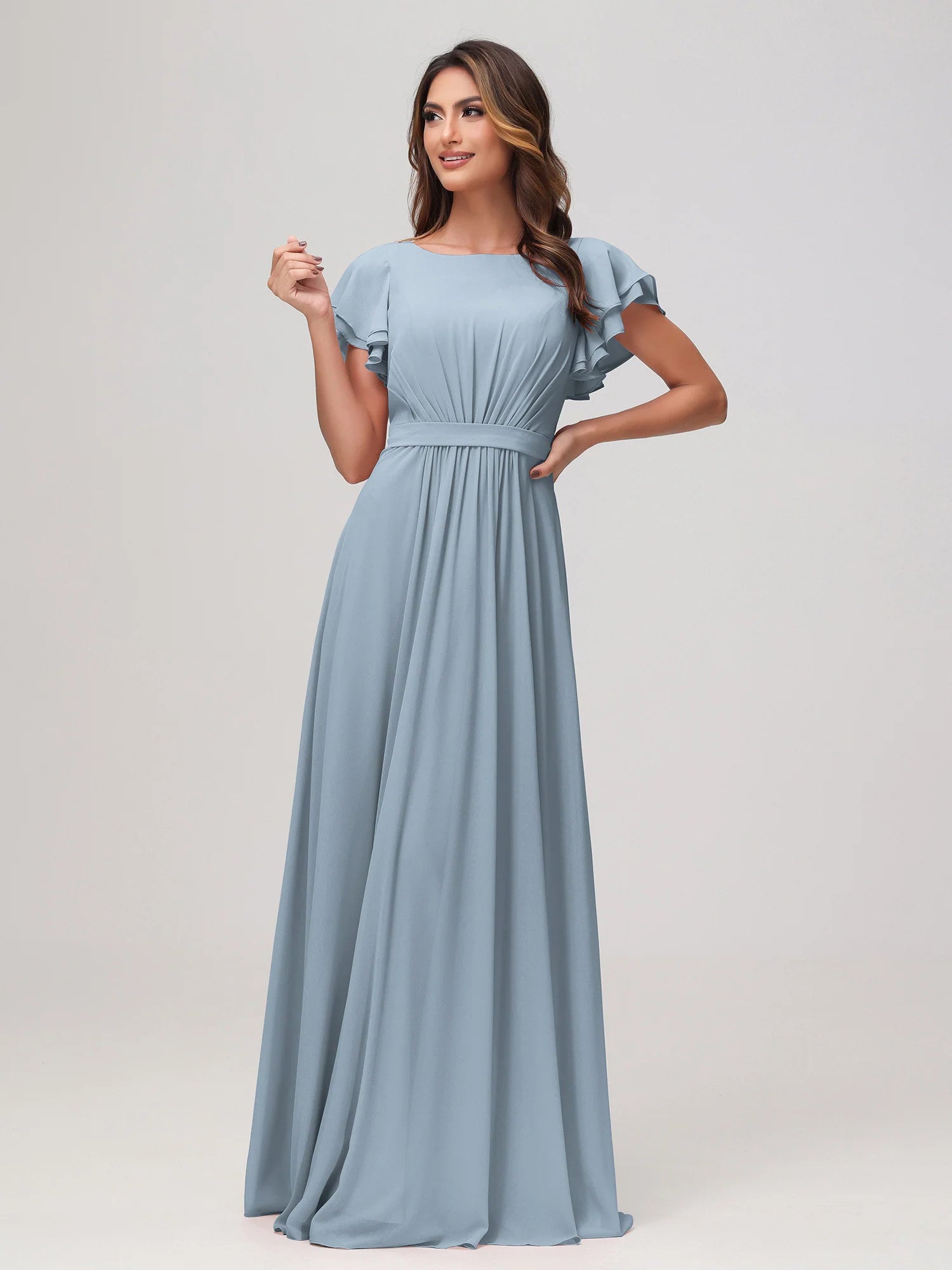 Bateau Neck Flutter Sleeve Chiffon A-Line Bridesmaid Maxi Dress