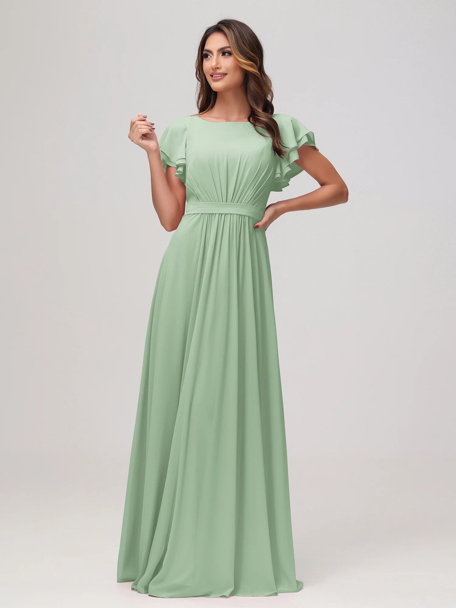 Bateau Neck Flutter Sleeve Chiffon A-Line Bridesmaid Maxi Dress