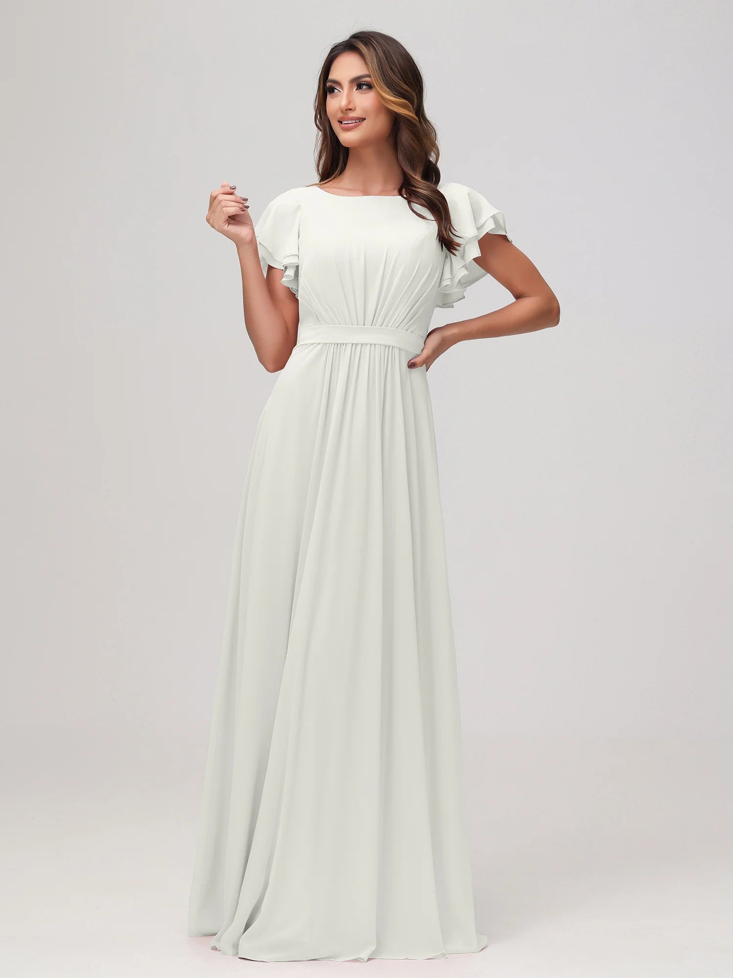Bateau Neck Flutter Sleeve Chiffon A-Line Bridesmaid Maxi Dress
