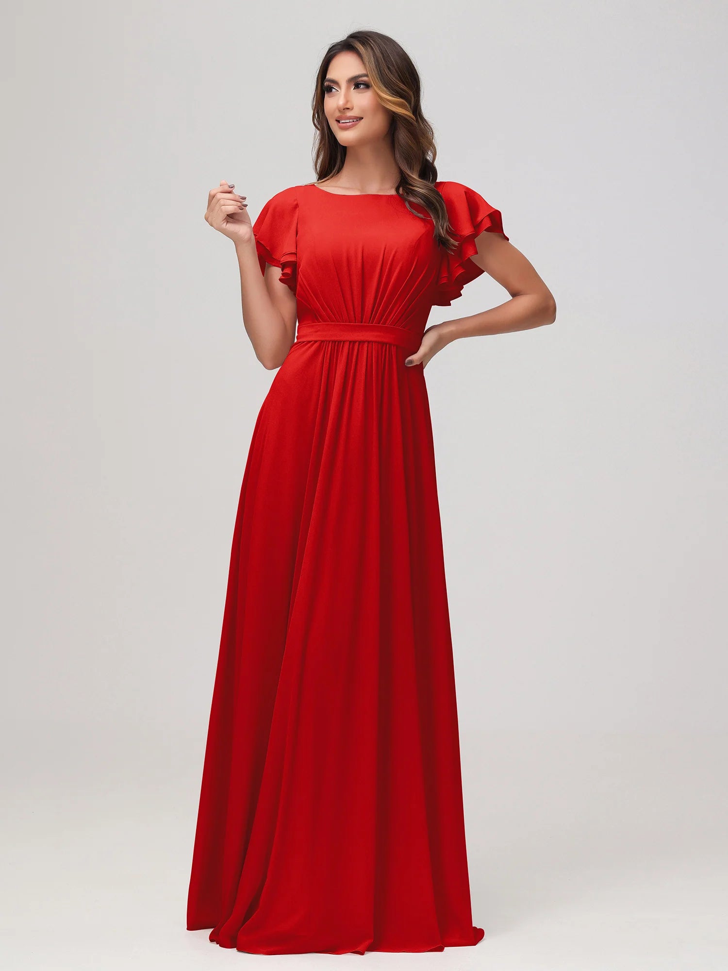 Bateau Neck Flutter Sleeve Chiffon A-Line Bridesmaid Maxi Dress