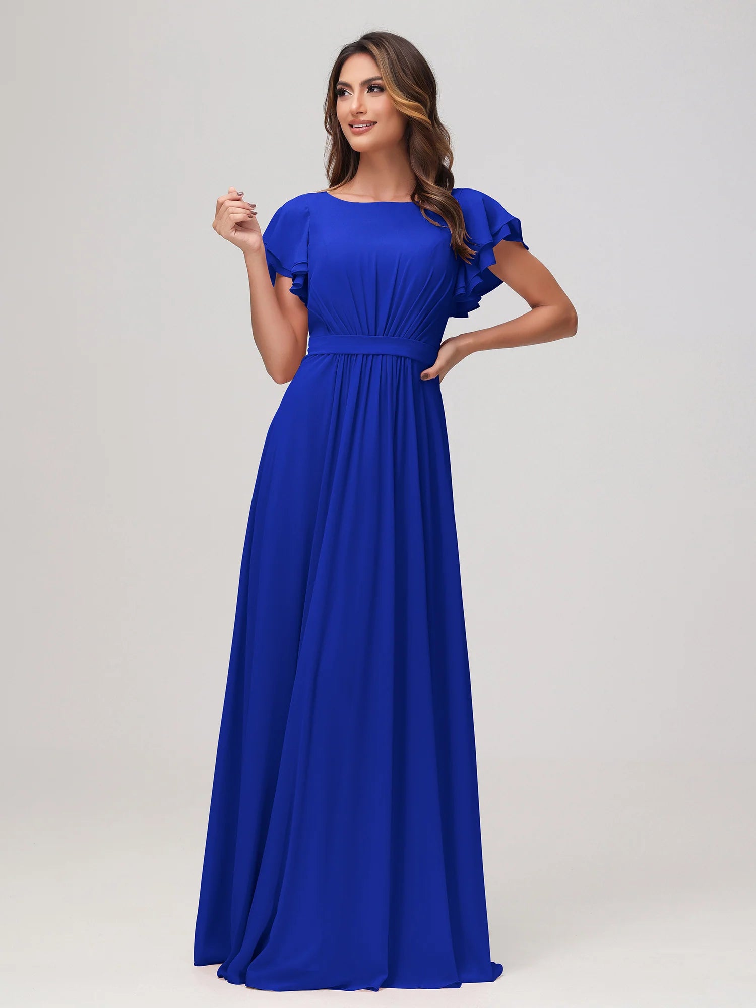 Bateau Neck Flutter Sleeve Chiffon A-Line Bridesmaid Maxi Dress