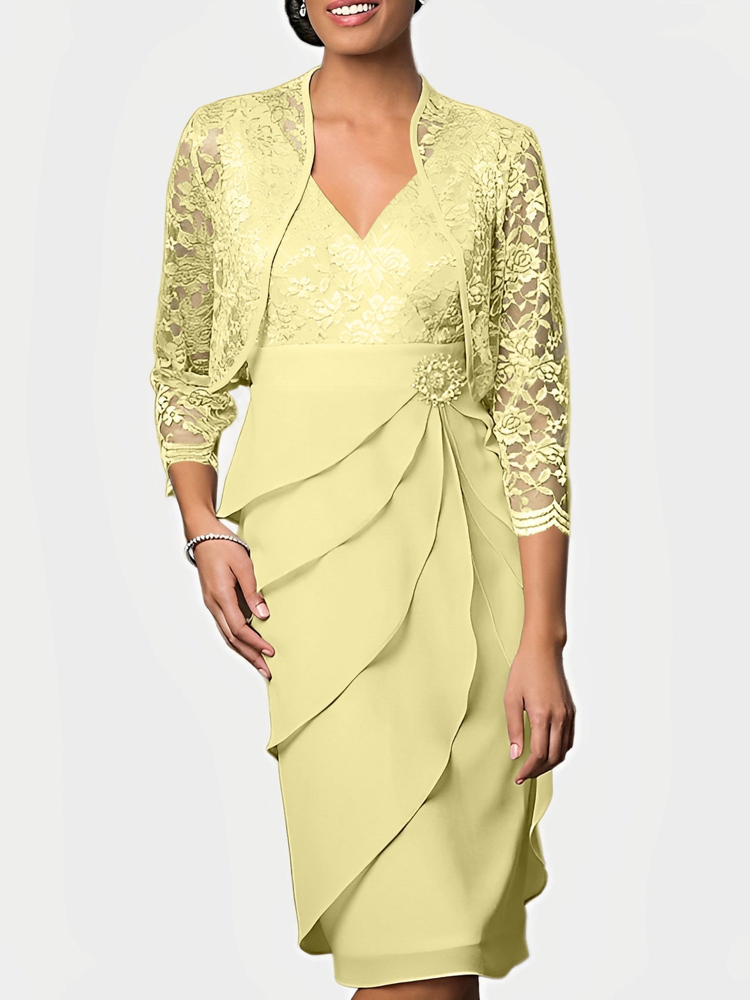 Women's Elegant Two-Piece Lace & Ruffle Formal Dress Set with Jacket Mother of the Bride Dress