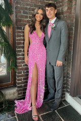 Sparkly Mermaid V Neck Gold Sequins Long Prom Dress Open Back Sweep/Brush Evening Dresses With Slit