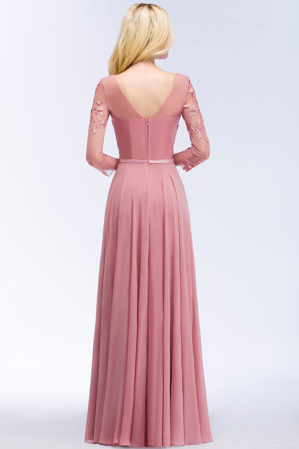 Vestidos de Dama de Honor Largos de Gasa con Cuello en V, Corte en A, Encaje, Hasta el Suelo, con Manga Larga, Vestidos Formales de Fiesta
