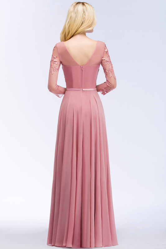 Long A-line V-Neck Chiffon Lace Floor-Length Bridesmaid Dresses with Long Sleeve Formal Prom Dresses