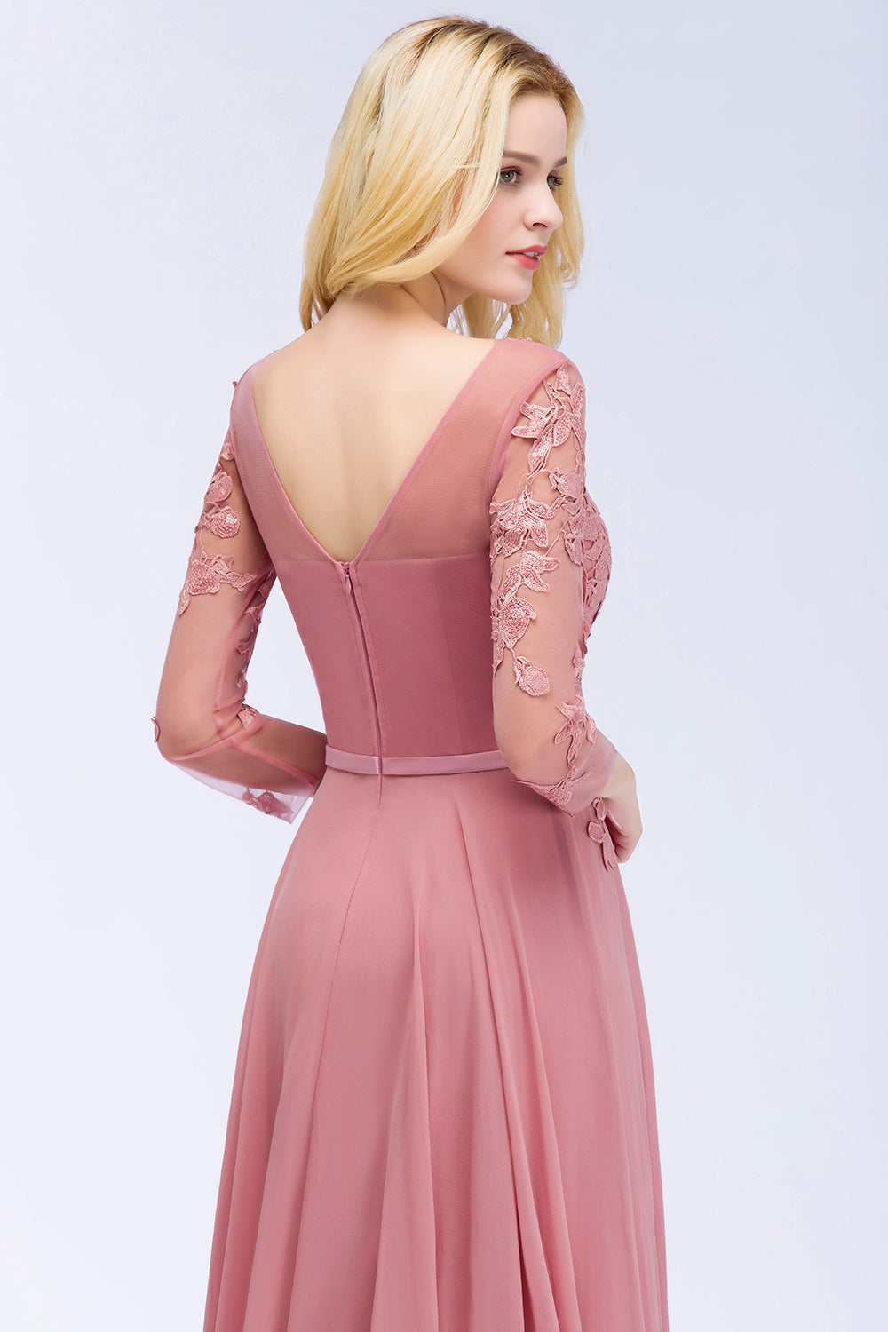Vestidos de Dama de Honor Largos de Gasa con Cuello en V, Corte en A, Encaje, Hasta el Suelo, con Manga Larga, Vestidos Formales de Fiesta