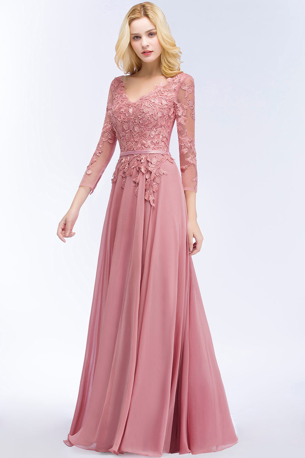 Vestidos de Dama de Honor Largos de Gasa con Cuello en V, Corte en A, Encaje, Hasta el Suelo, con Manga Larga, Vestidos Formales de Fiesta