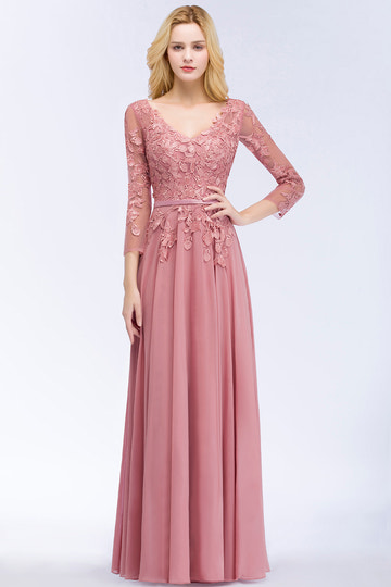 Vestidos de Dama de Honor Largos de Gasa con Cuello en V, Corte en A, Encaje, Hasta el Suelo, con Manga Larga, Vestidos Formales de Fiesta