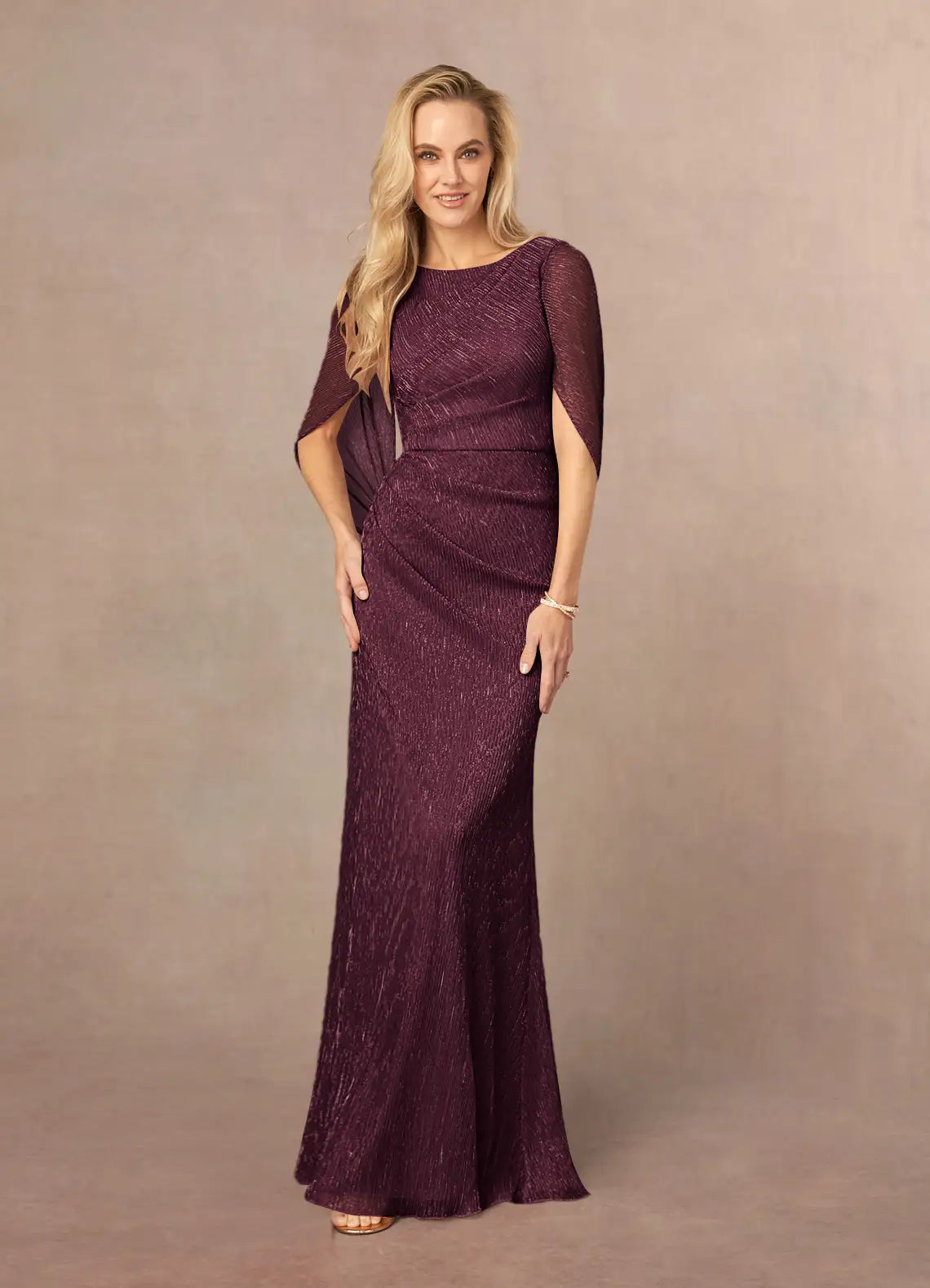 Elegant Cape Sleeve Metallic Textured Pleated Maxi Evening Dress Mother of the Bride Dress
