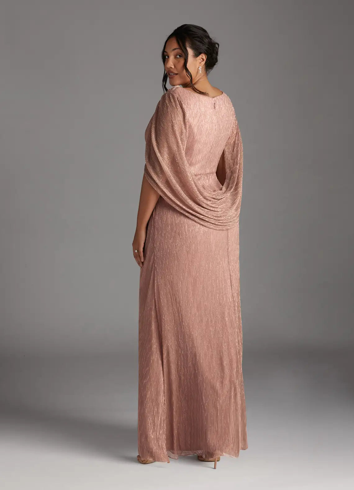 Elegant Cape Sleeve Metallic Textured Pleated Maxi Evening Dress Mother of the Bride Dress
