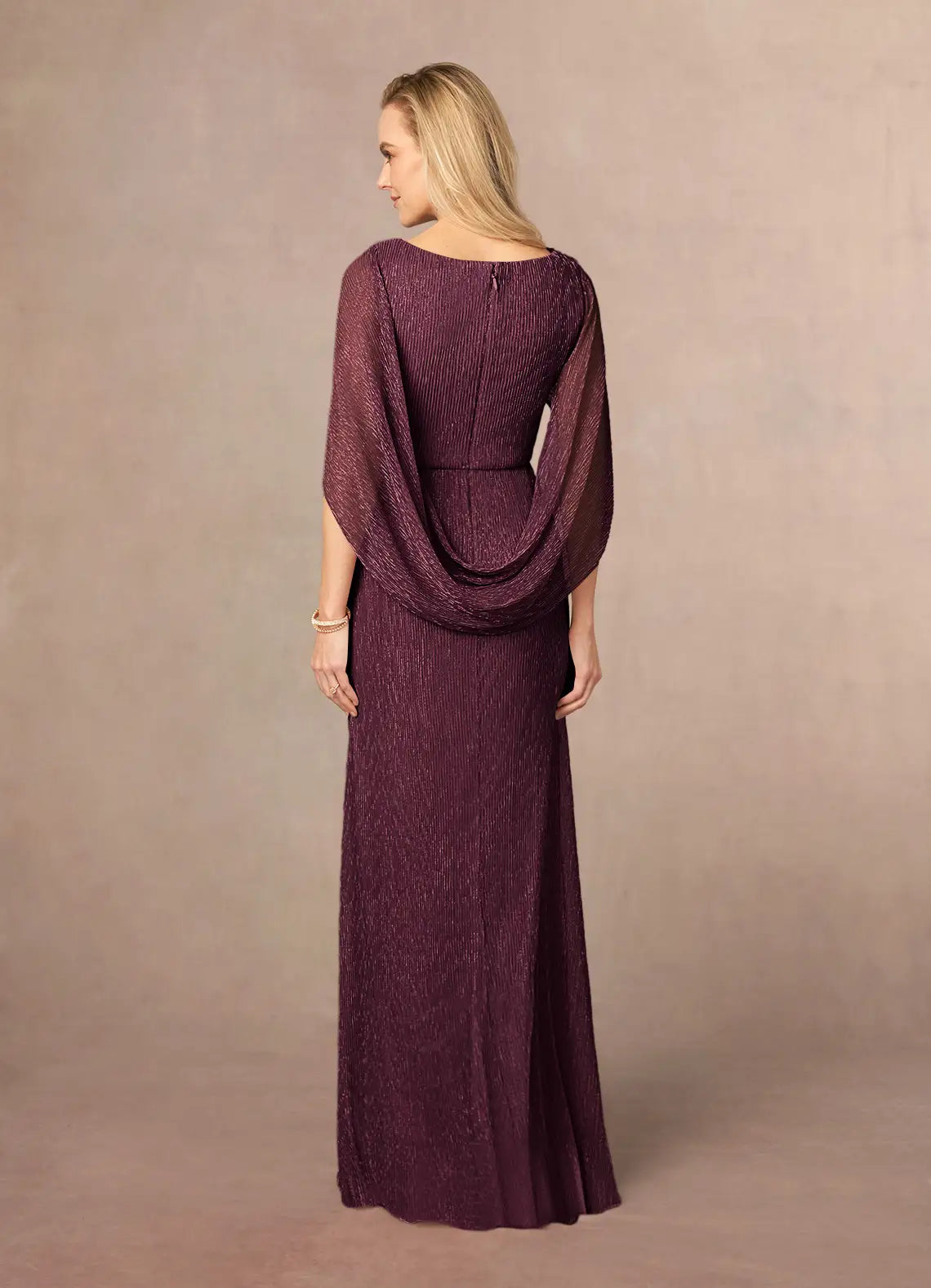 Elegant Cape Sleeve Metallic Textured Pleated Maxi Evening Dress Mother of the Bride Dress