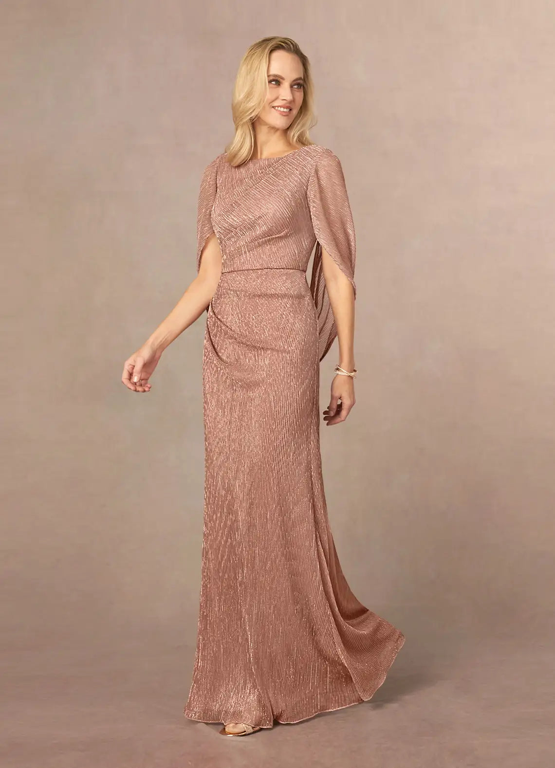 Elegant Cape Sleeve Metallic Textured Pleated Maxi Evening Dress Mother of the Bride Dress