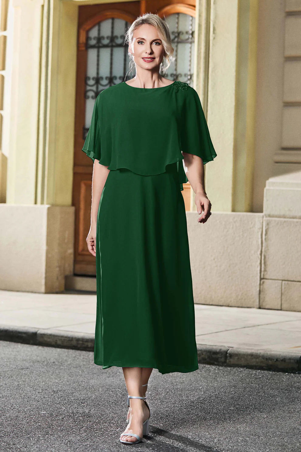 Capelet A-Line Round Neck Chiffon Midi Mother of the Bride Dress with Lace