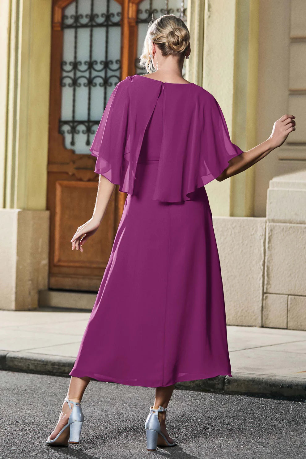 Capelet A-Line Round Neck Chiffon Midi Mother of the Bride Dress with Lace