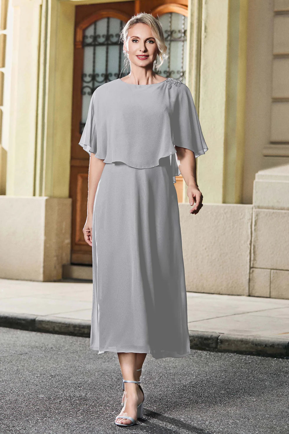 Capelet A-Line Round Neck Chiffon Midi Mother of the Bride Dress with Lace