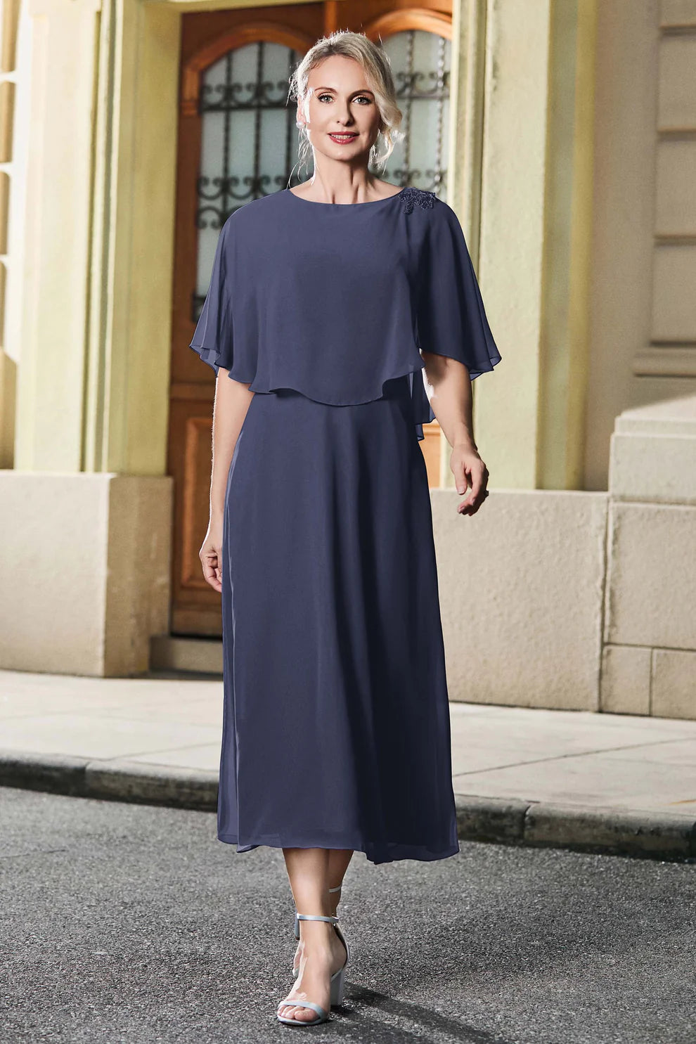 Capelet A-Line Round Neck Chiffon Midi Mother of the Bride Dress with Lace