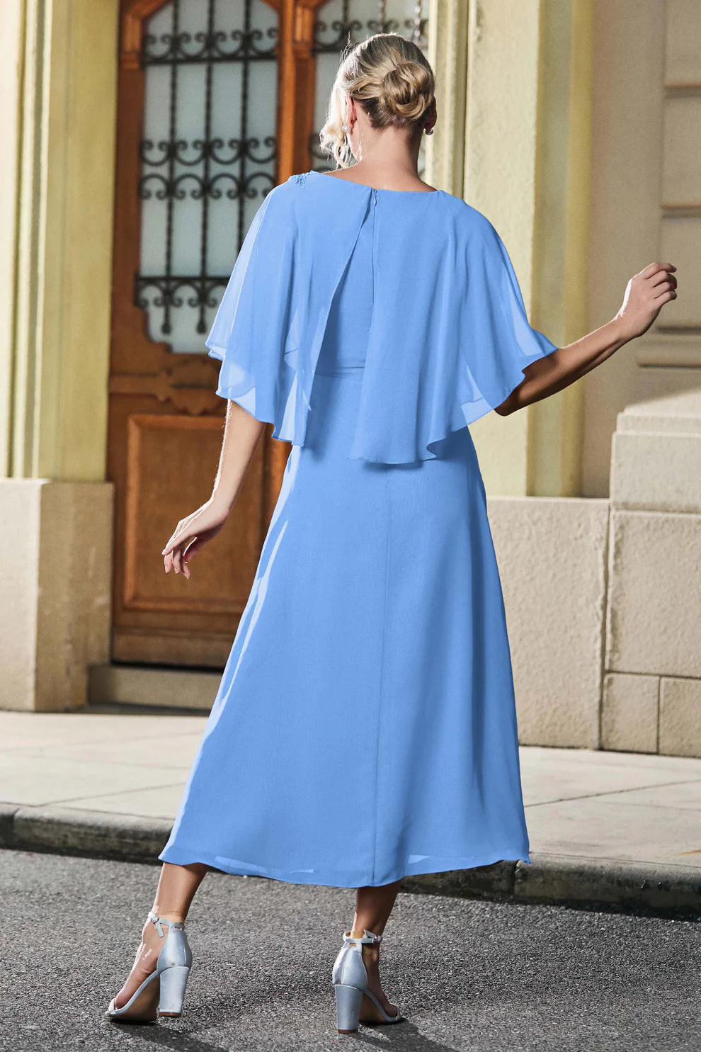 Capelet A-Line Round Neck Chiffon Midi Mother of the Bride Dress with Lace