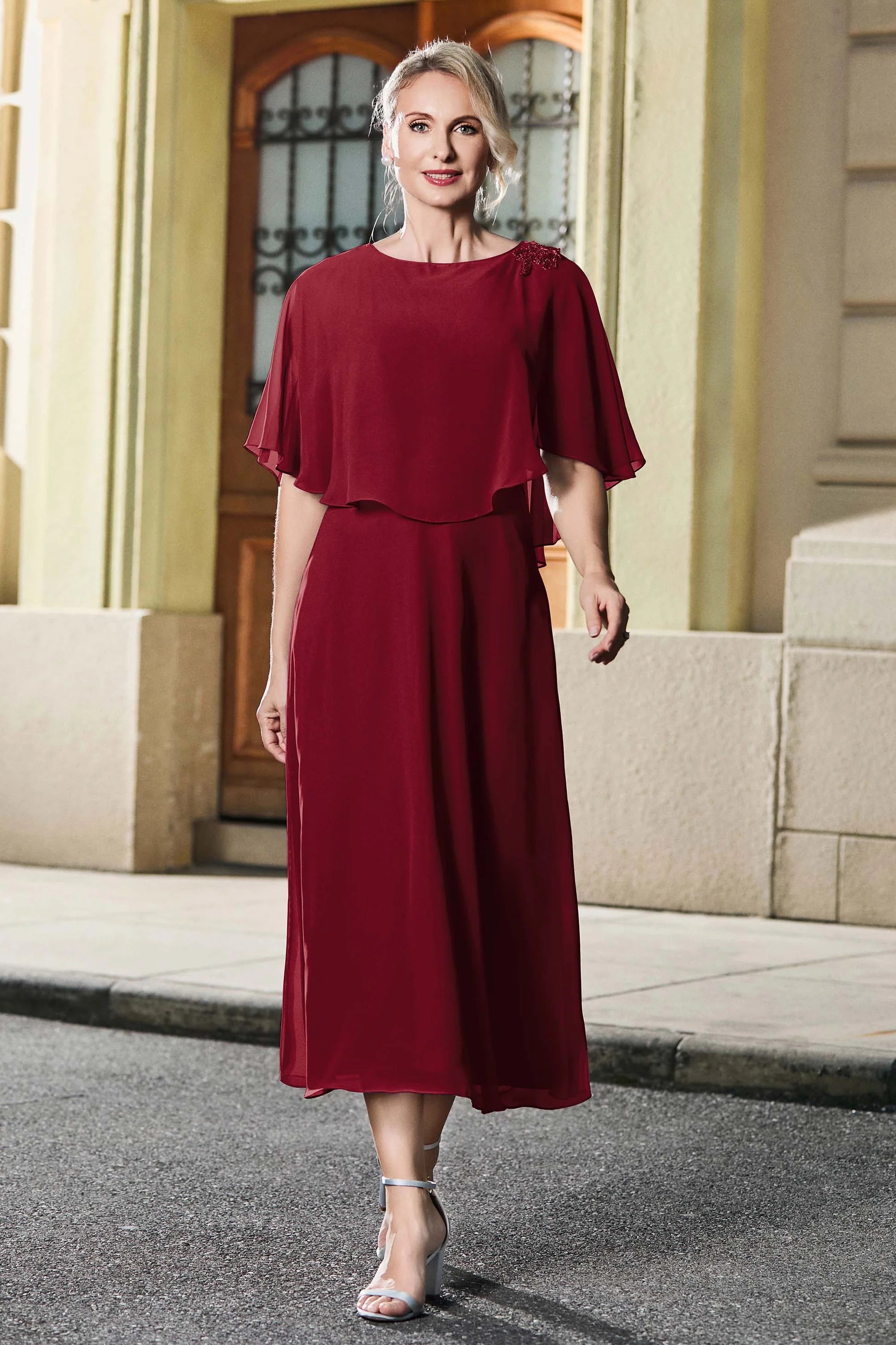 Capelet A-Line Round Neck Chiffon Midi Mother of the Bride Dress with Lace