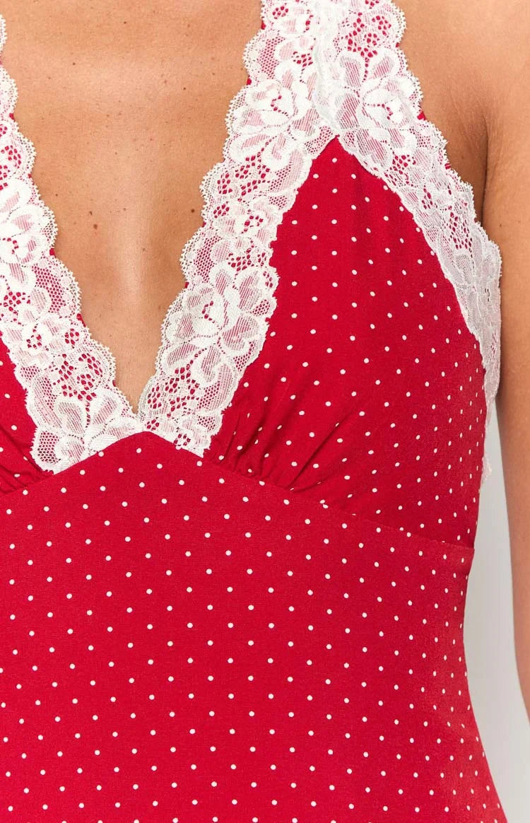 Polka Dot A-Line Halter Sleeveless Open Back Mini Sundress