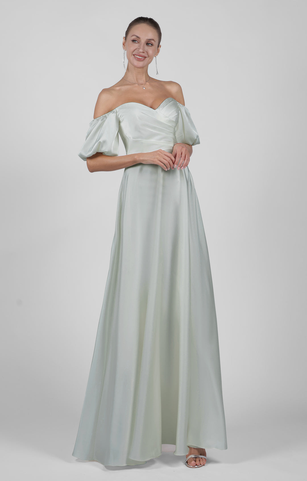 Elegant Off Shoulder Satin Wedding Dress with Puff Sleeves Floor-Length Bridesmaid Maxi Dress