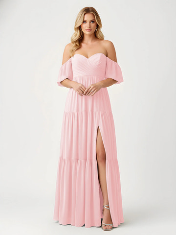 Off-the-Shoulder Sweetheart Tiered Chiffon Bridesmaid Maxi Dress with Slit