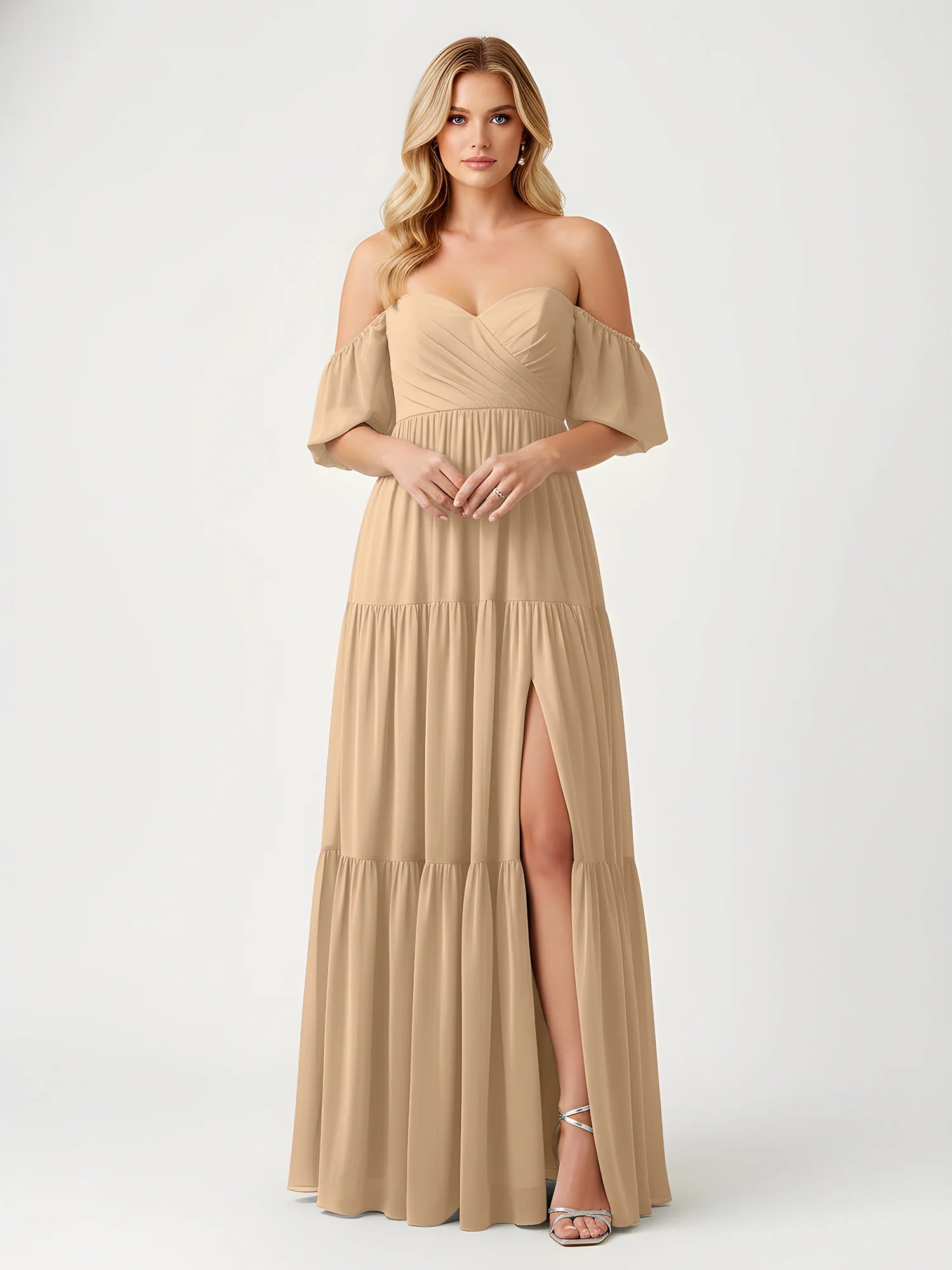 Vestido maxi de chifón con hombros descubiertos, escote corazón, volantes y abertura para damas de honor