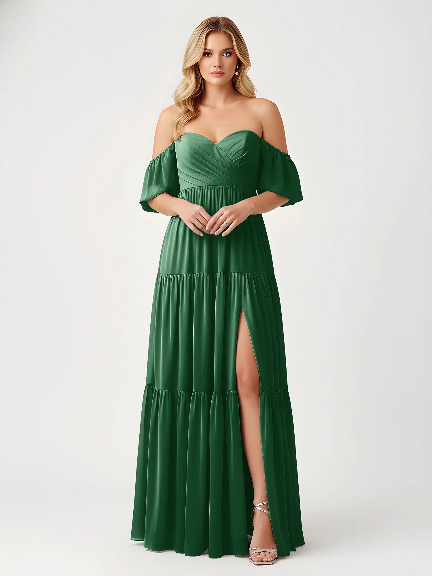 Vestido maxi de chifón con hombros descubiertos, escote corazón, volantes y abertura para damas de honor