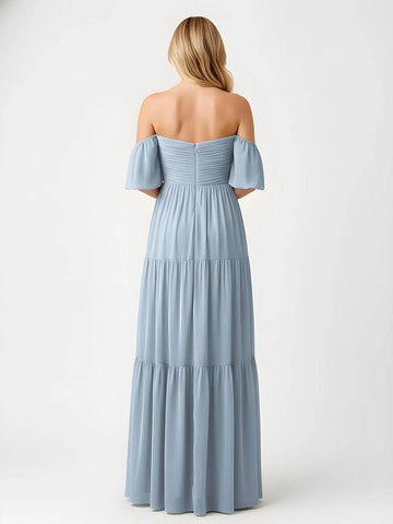 Off-the-Shoulder Sweetheart Tiered Chiffon Bridesmaid Maxi Dress with Slit