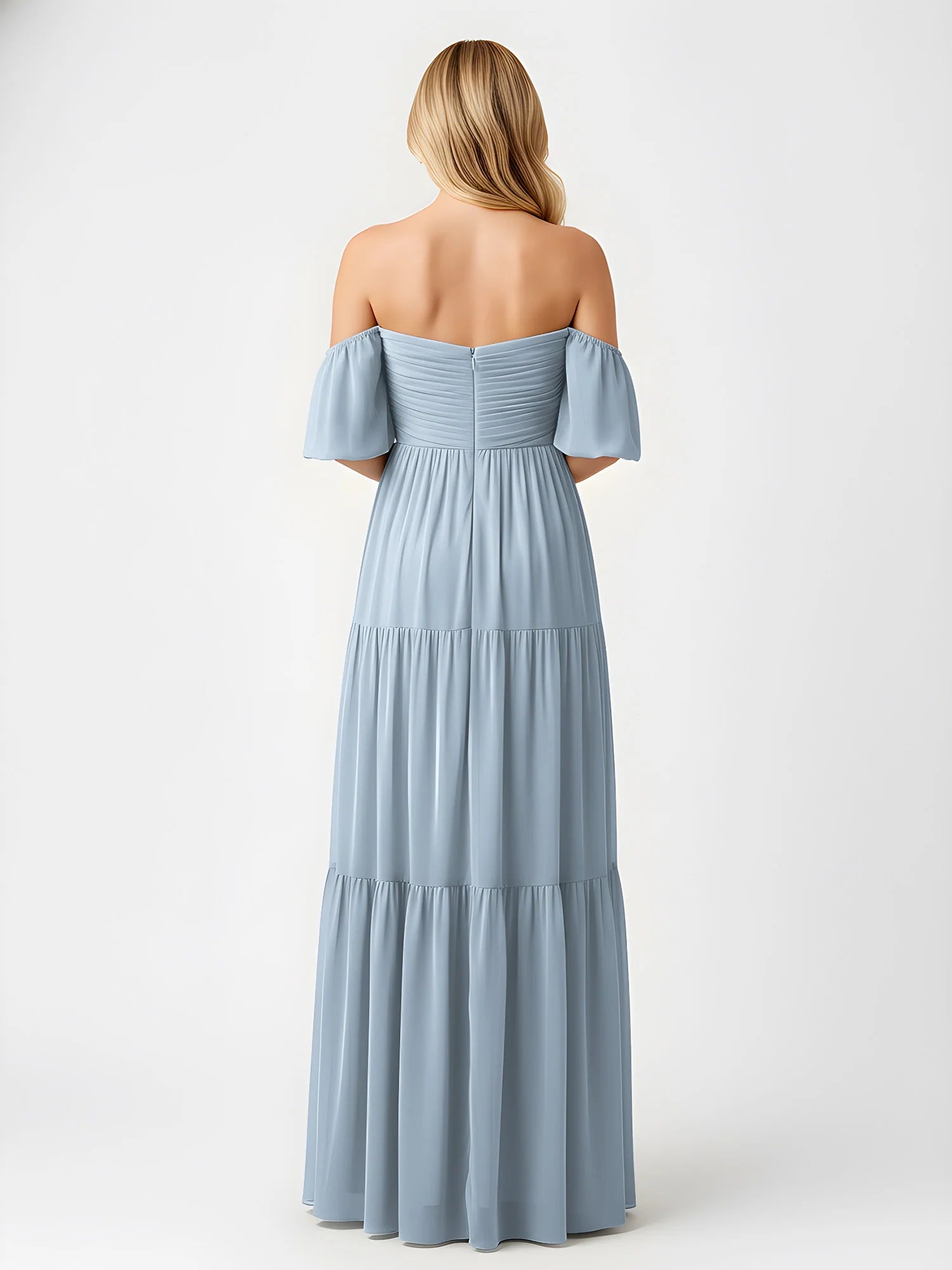 Vestido maxi de chifón con hombros descubiertos, escote corazón, volantes y abertura para damas de honor