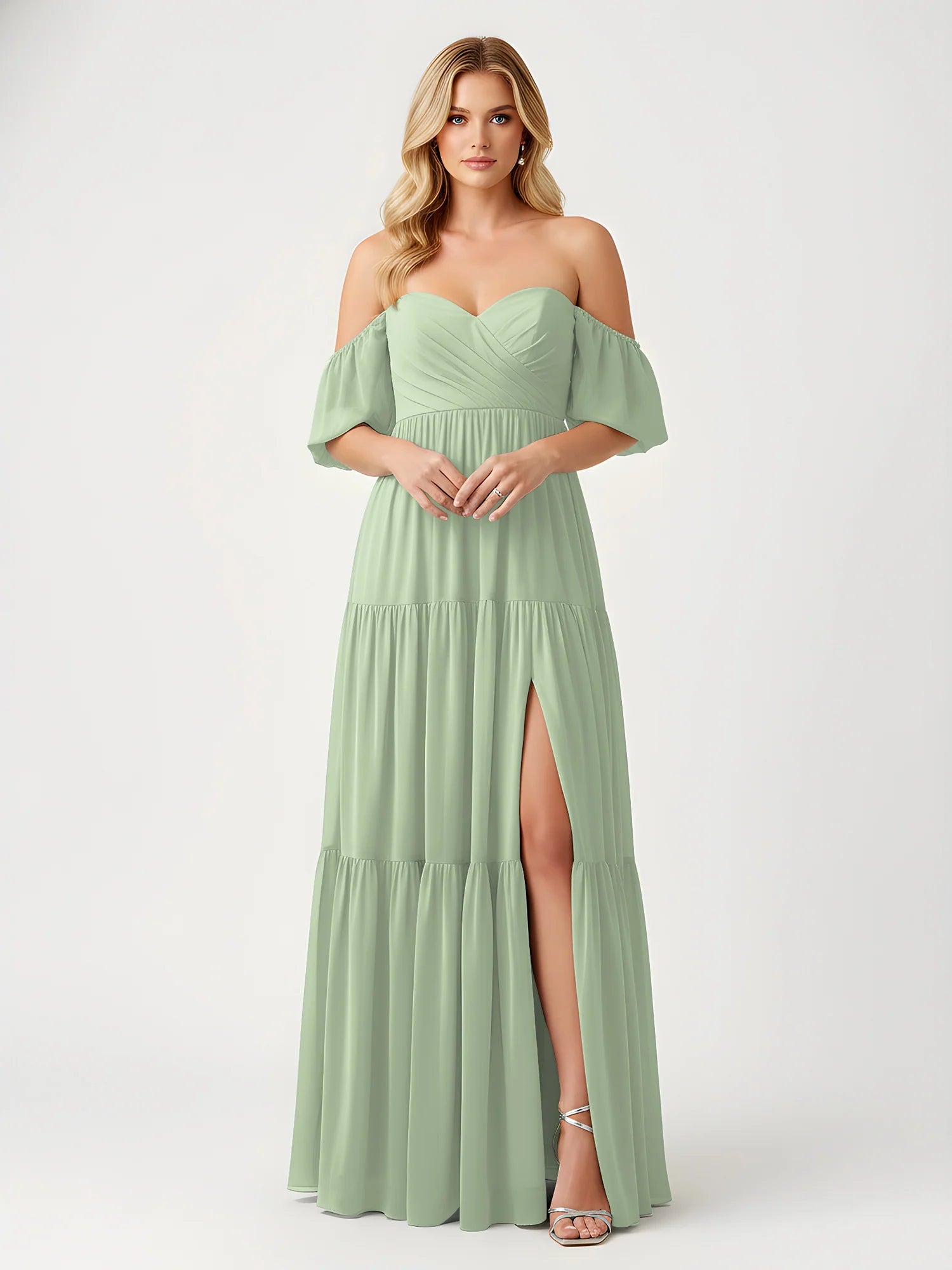 Vestido maxi de chifón con hombros descubiertos, escote corazón, volantes y abertura para damas de honor