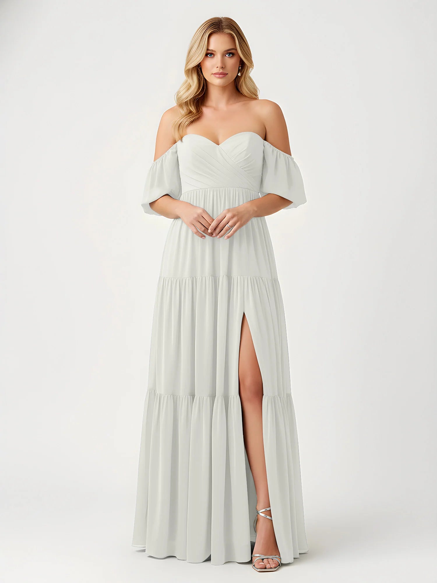 Vestido maxi de chifón con hombros descubiertos, escote corazón, volantes y abertura para damas de honor