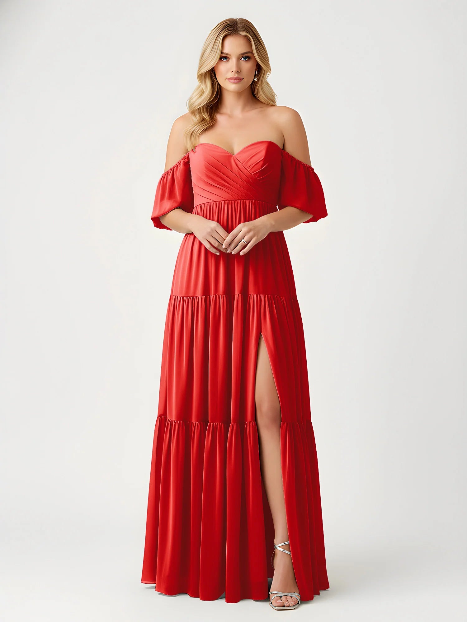 Vestido maxi de chifón con hombros descubiertos, escote corazón, volantes y abertura para damas de honor