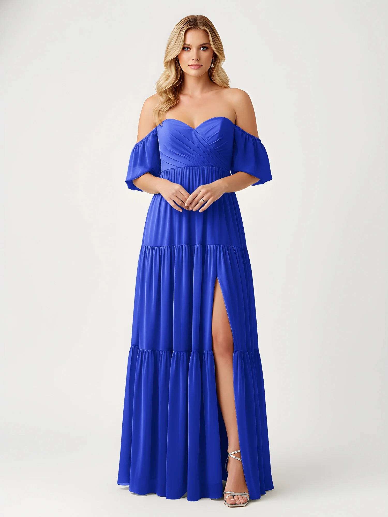 Vestido maxi de chifón con hombros descubiertos, escote corazón, volantes y abertura para damas de honor