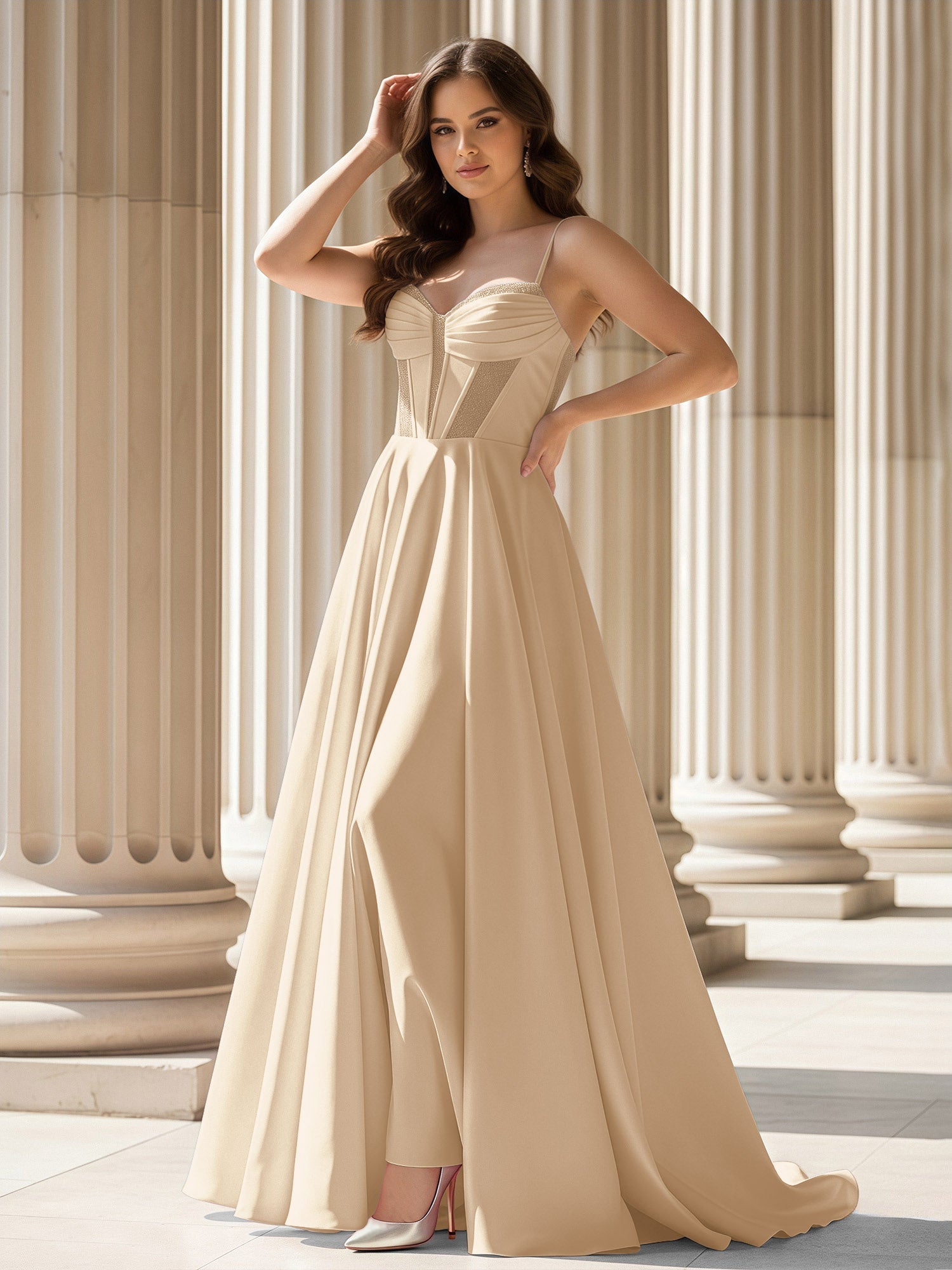 Spaghetti Strap Burgundy Satin A-Line Evening Gown with Corset Bodice Formal Prom Wedding Party Dress