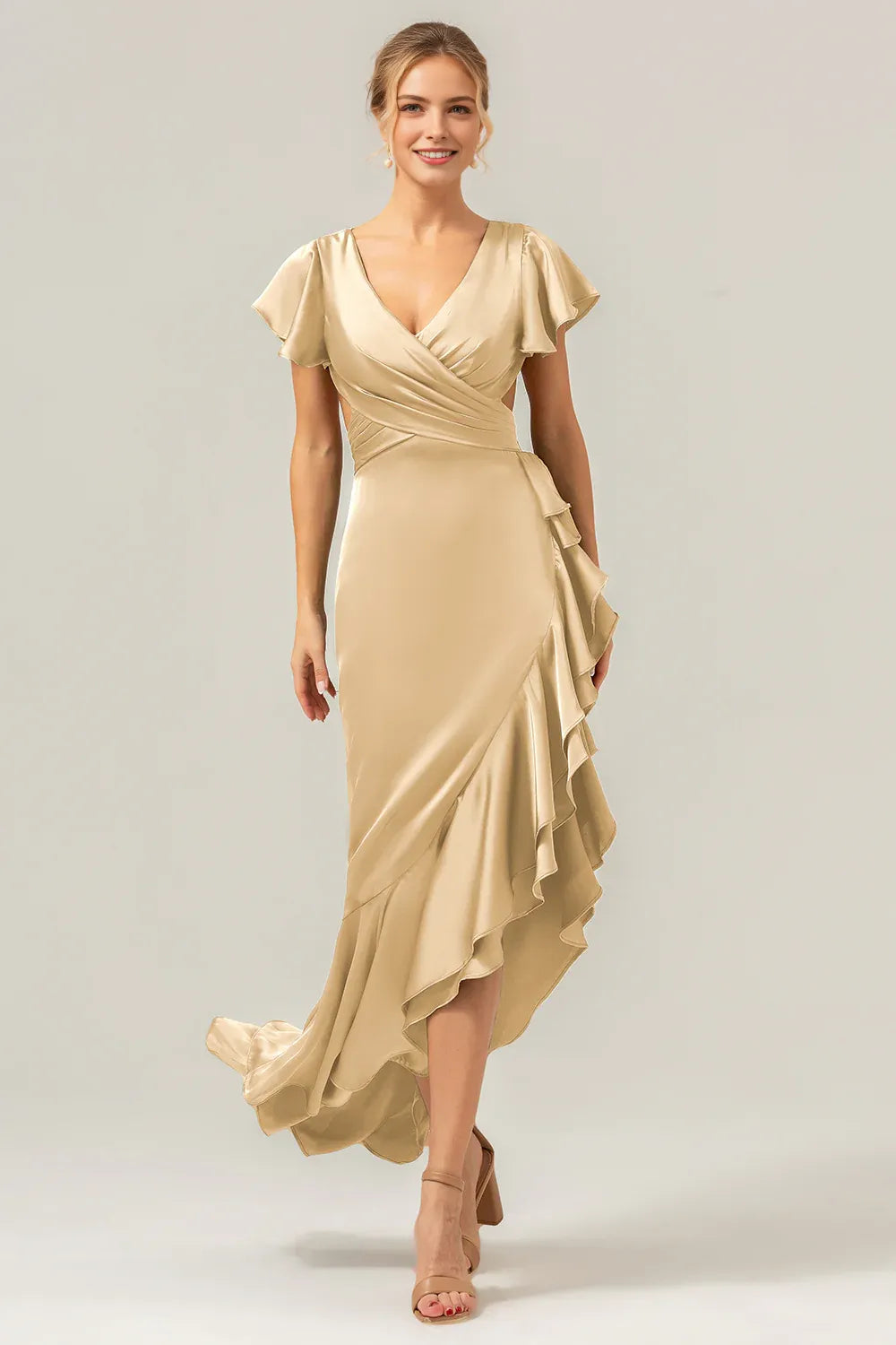 Refined Sheath V-Neck Flutter Sleeve Satin Side-Cutout Ruffle High-Low Formal Wedding Guest Dress