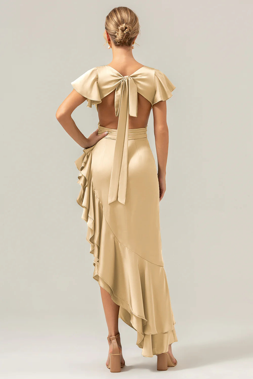 Refined Sheath V-Neck Flutter Sleeve Satin Side-Cutout Ruffle High-Low Formal Wedding Guest Dress