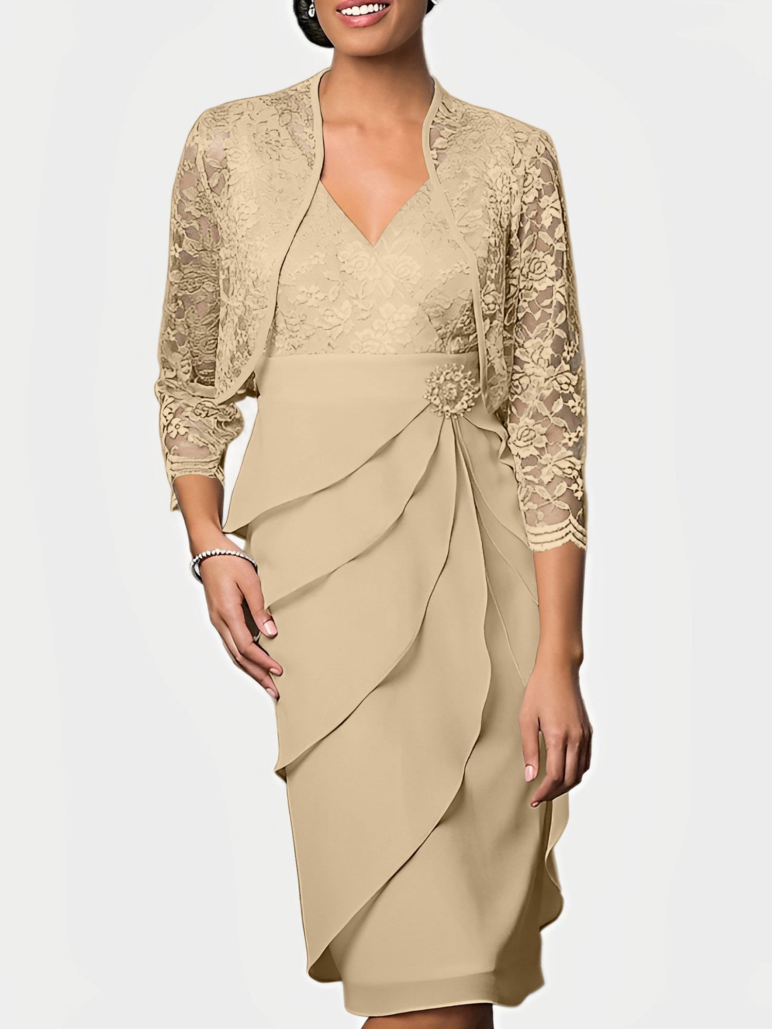 Women's Elegant Two-Piece Lace & Ruffle Formal Dress Set with Jacket Mother of the Bride Dress