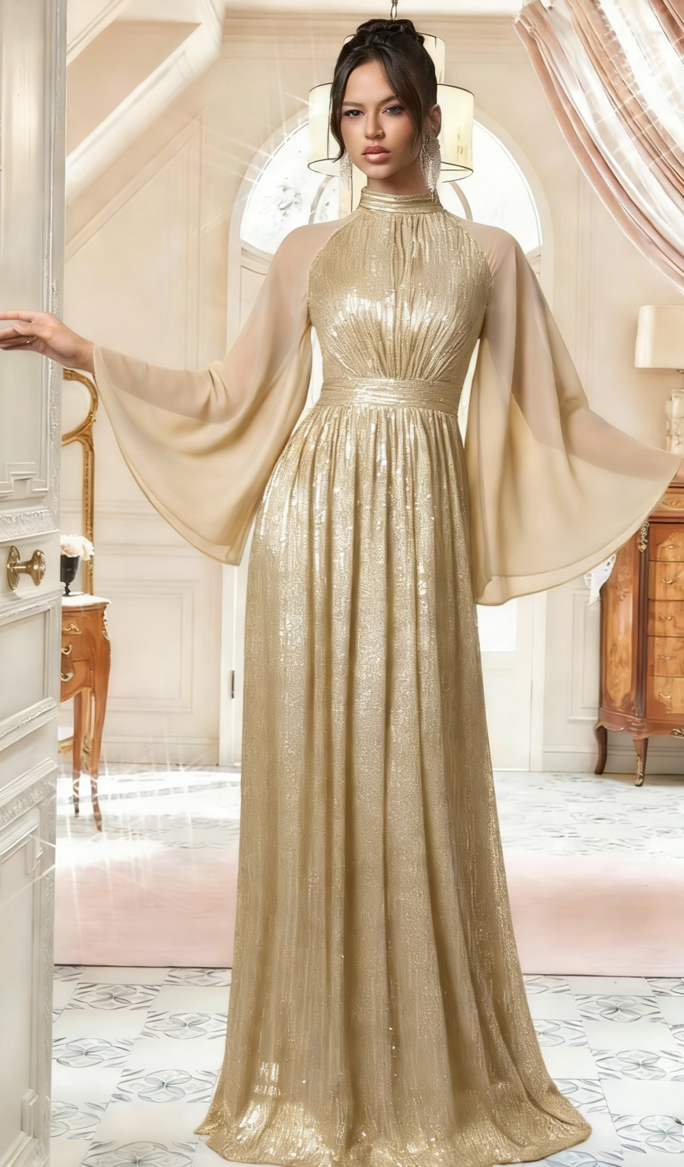 Women's High-Neck Sequin Evening Gown with Long Sleeve Chiffon Cape Floor length Evening Gown Prom Dress