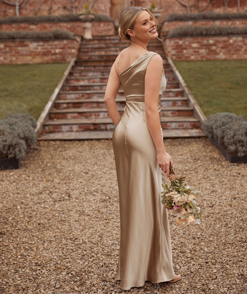 Elegant One-Shoulder Satin Formal Gown for Wedding Guest Cowl Asymmetrical Satin Bridesmaid Dress Bridesmaid Dresses Maxi Dress