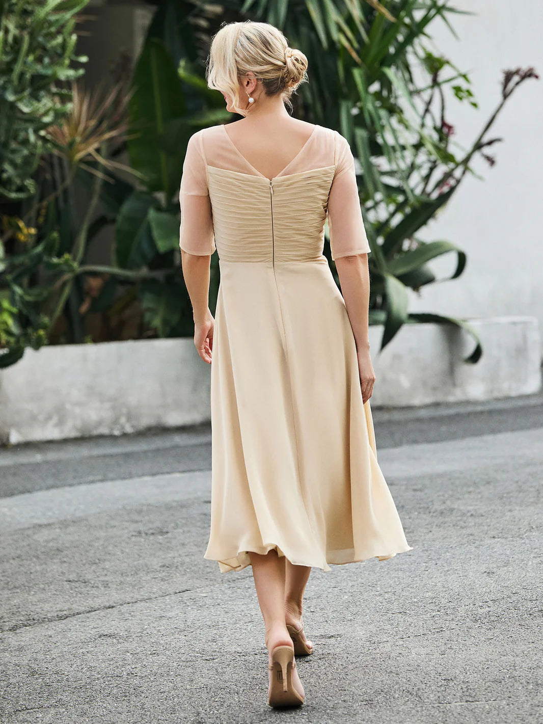 Midi Chiffon Mother of The Bride Dress, Illusion 3/4 Sleeve Ruched Bodice Tea Length Dress