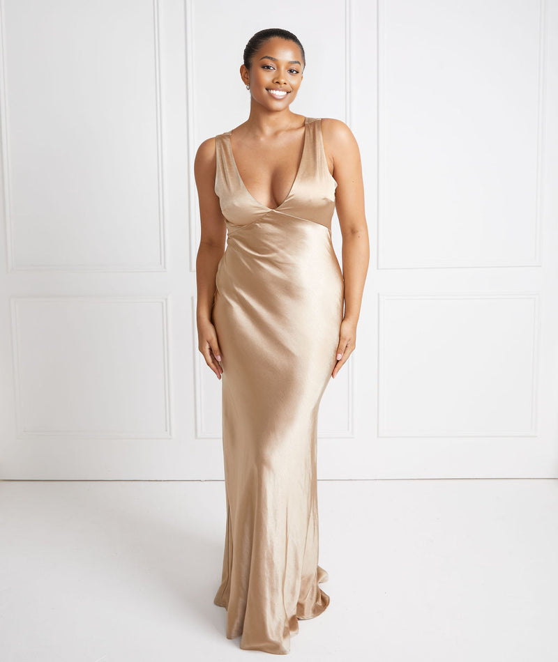 Women's Formal Satin Evening Gown with Deep V-Neckline Elegant Satin Wedding Guest Bridesmaid Dresses Maxi Dress