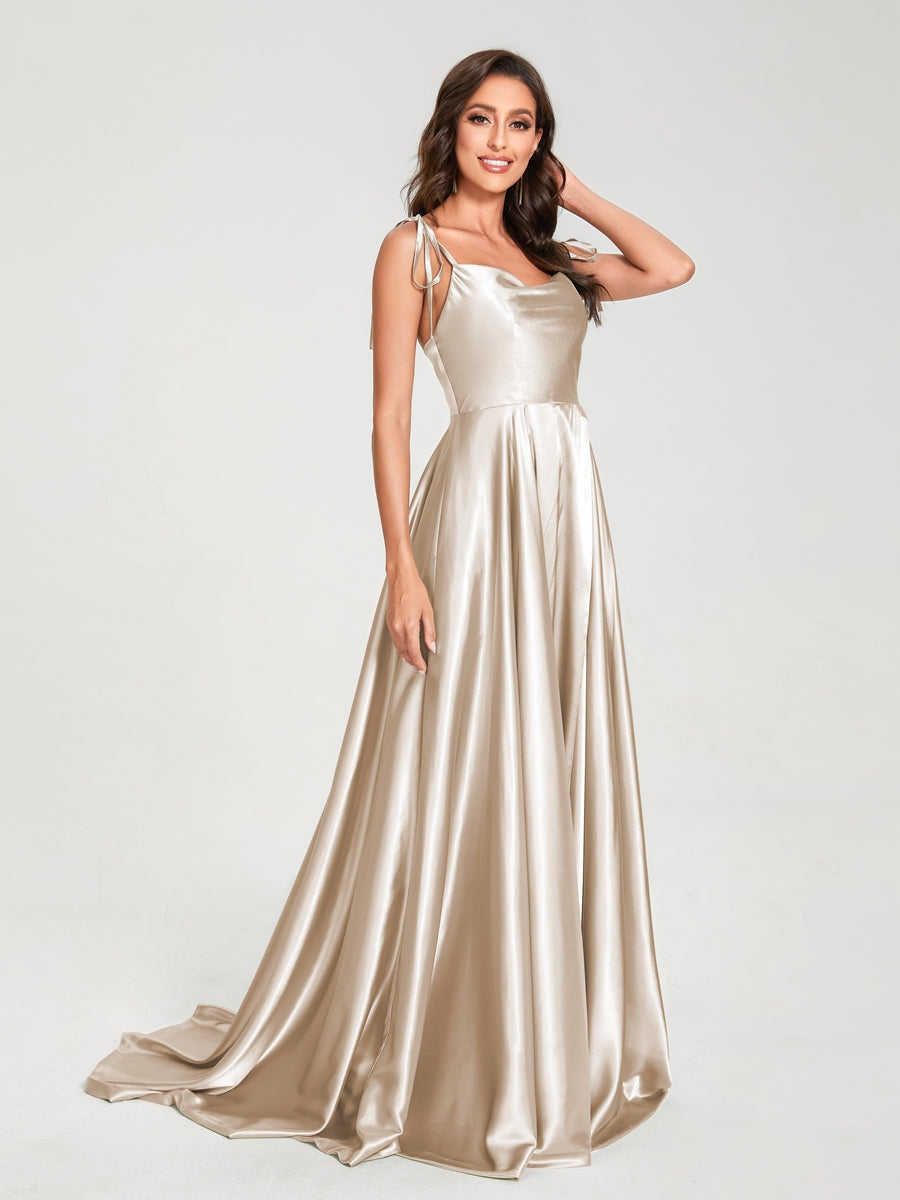 A-Line/Princess Spaghetti Straps Sleeveless Formal Evening Gown Floor-Length Bridemaid Dresses with Split Side