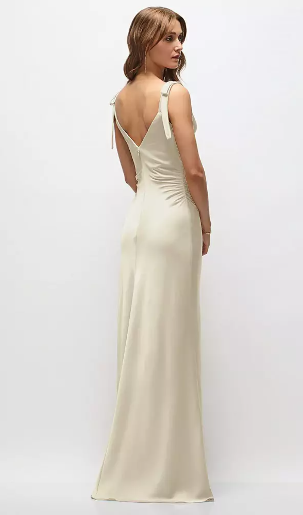 Women's Satin Cowl Neck Maxi Dress with Bow Shoulder Straps & Ruched Waist Formal Evening Gown Bridesmaid Dresses