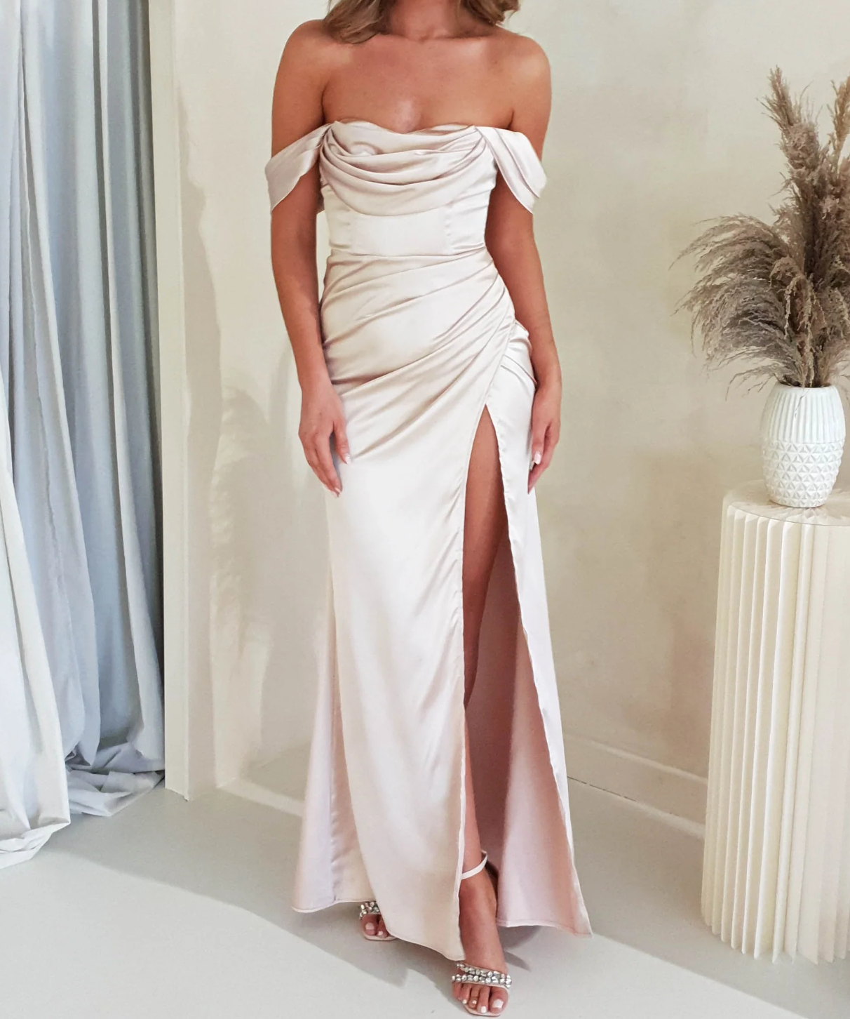 Elegant Satin Formal Dress Evening Gown Off Shoulder With High Thigh Slit