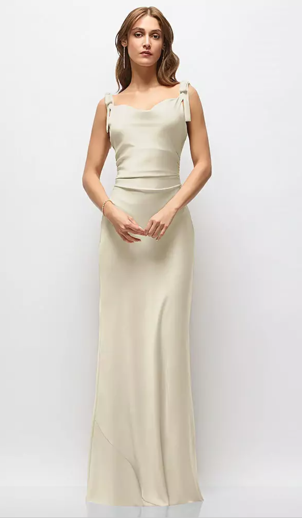 Women's Satin Cowl Neck Maxi Dress with Bow Shoulder Straps & Ruched Waist Formal Evening Gown Bridesmaid Dresses