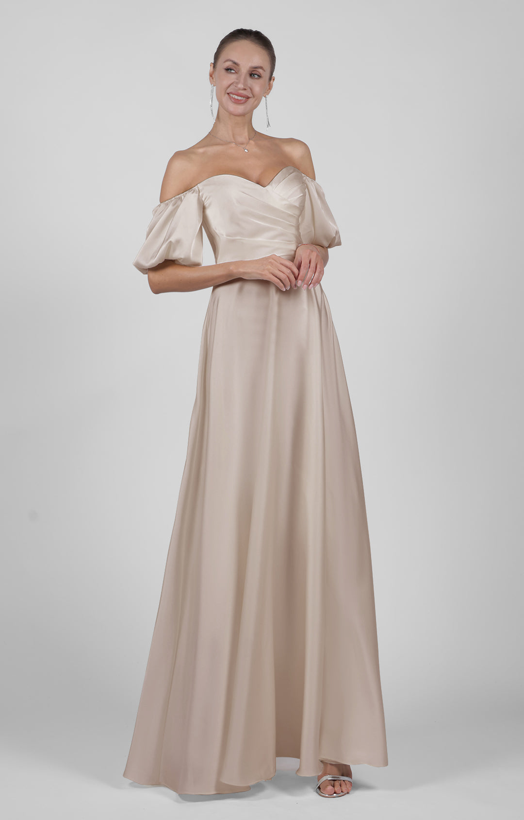 Elegant Off Shoulder Satin Wedding Dress with Puff Sleeves Floor-Length Bridesmaid Maxi Dress